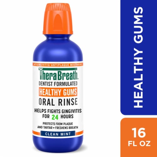 TheraBreath Healthy Gums Mouthwash Clean Mint Antigingivitis Alcohol-Free Perspective: front