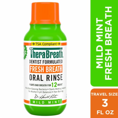 TheraBreath Fresh Breath Mouthwash Travel Size Mild Mint Alcohol-Free Perspective: front