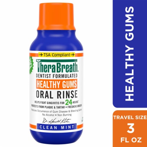TheraBreath Healthy Gums Mouthwash Travel Size Clean Mint Antigingivitis Alcohol-Free Perspective: front