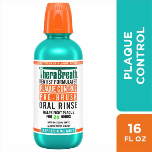 TheraBreath Plaque Control Pre-Brush Refreshing Mint Flavor Oral Rinse Perspective: front
