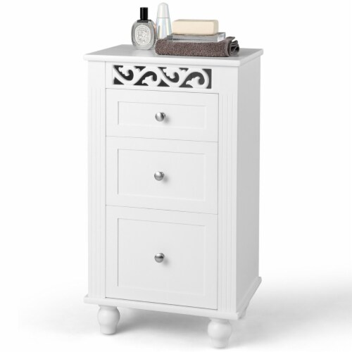 Bathroom Floor Cabinet Storage Organizer Nightstand Carved Design w/ 3 Drawers Perspective: front