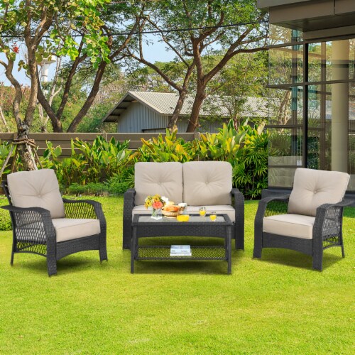 Costway 4PCS Patio Wicker Furniture Set Loveseat Sofa Coffee Table W/ Cushion Perspective: front