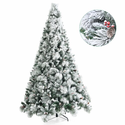 Costway 8ft Snow Flocked Christmas Tree Glitter Tips w/ Pine Cone & Red Berries Perspective: front