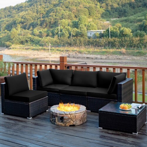 Costway 5PCS Patio Rattan Furniture Set Cushioned Sofa Chair Coffee Table Black 1 unit Jay C Food Stores