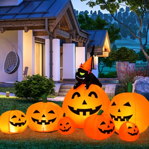 Halloween 7.5 FT Inflatable Pumpkin Combo Decoration w/ Witch Black Cat Perspective: front