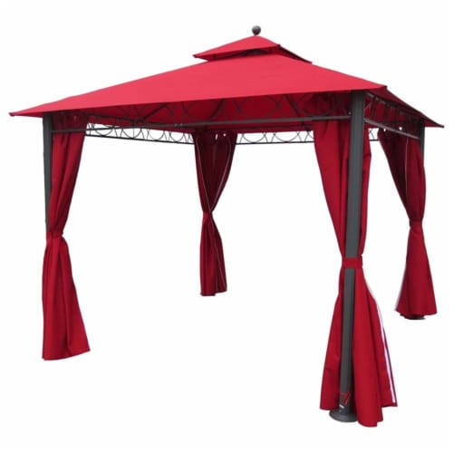 International Caravan YF-3290-RR 10 ft. Square Double Vented Gazebo with Drapes, Ruby Red & D Perspective: front