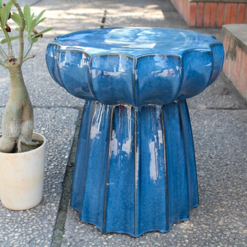 Round Scalloped Ceramic Garden Stool Navy Blue 1 Mariano s