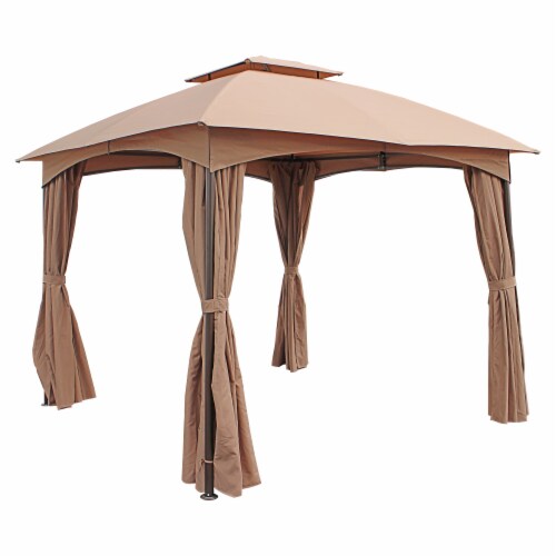 ST. Kitts 10-Foot Steel Dome-top Gazebo with Curtains - Khaki Perspective: front
