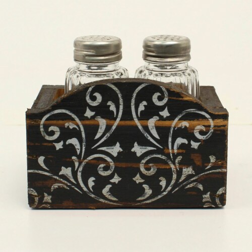 Western Moments Stained Wood IV Scroll Salt & Pepper Shaker Holder - 4.25 x 3.50 in. Perspective: front