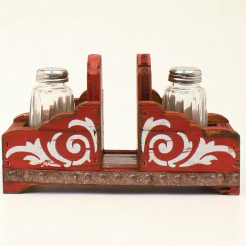 M&F Western 94103 Salt & Pepper Napkin Holder Shaker Set, Red Perspective: front