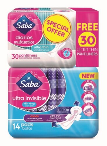 Saba® Ultra Thin Overnight + Ultra Thin Panty Liners Perspective: front