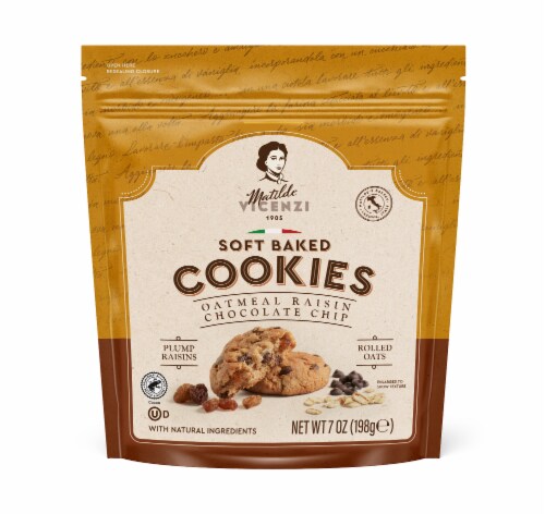 Matilde Vicenzi Soft Baked Cookies Oatmeal Raisin Chocolate Chips Perspective: front