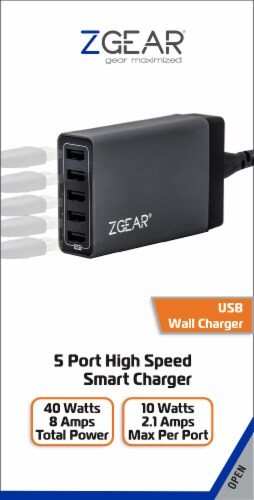 ZGear 5-Port High Speed Smart Charger USB Charging Station - Black Perspective: front