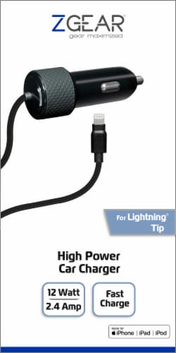 ZGear High Power Lightning Cable Car Charger - Black Perspective: front