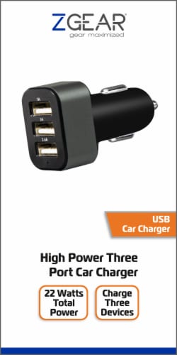 ZGear High Power 3-Port USB Car Charger - Black Perspective: front