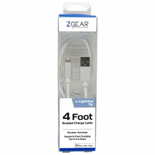 ZGear Braided Lightning Charging Cable - White, 4 ft - Ralphs