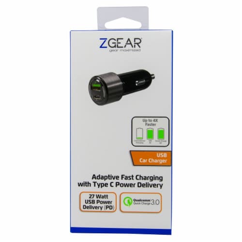 ZGear Qualcomm Quick Charge 3.0 Car Charger with USB-C - Black/Silver Perspective: front
