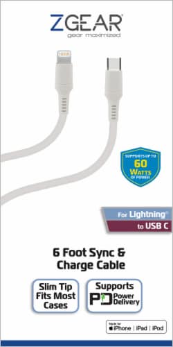 ZGear Apple Lightning to USB C Sync & Charge Cable - White Perspective: front
