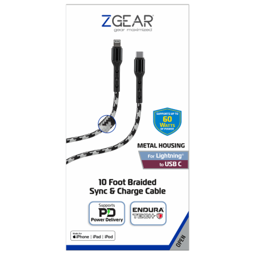 ZGear 10 Foot Braided Sync & Charge Cable - Black/White Perspective: front