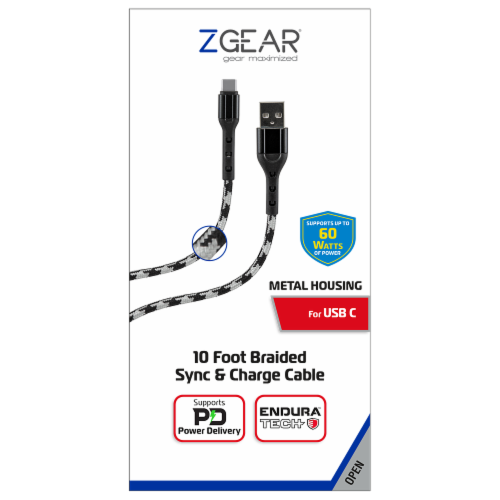 ZGear 10 Foot Braided Sync & Charge Cable - White/Black Perspective: front