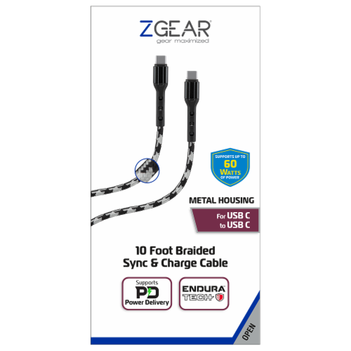 ZGear 10 Foot Braided Sync & Charge Cable - White/Black Perspective: front