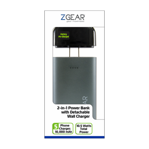 ZGear 2-in-1 Power Bank with Detachable Wall Charger - Black/Gray Perspective: front