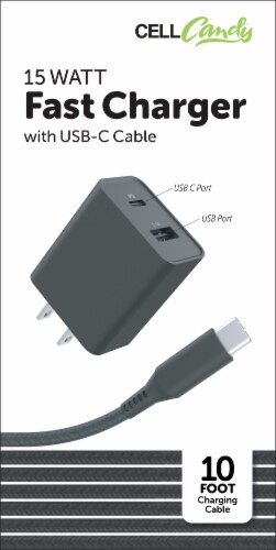 CellCandy® Fast Wall Charger with USB-C Cable - Black Perspective: front