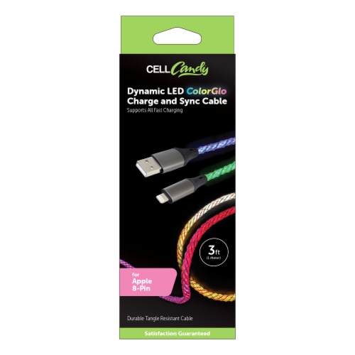 Cell Candy Dynamic LED ColorGlo Charge & Sync Cable For Apple 8 Pin Perspective: front