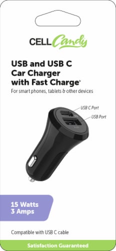 Cell Candy® USB % USB C Car Charger 15 W - Black Perspective: front
