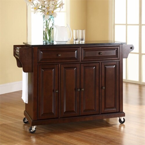 Wood Solid Black Granite Top Kitchen Cart in Mahogany Brown - Pemberly Row Perspective: front