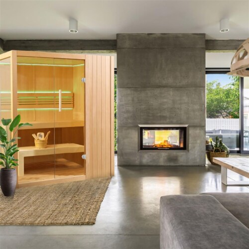 Aleko STHE4INNY-UNB 4.5 kW ETL Certified Heater Canadian Hemlock Indoor Wet Dry Sauna with LE Perspective: front