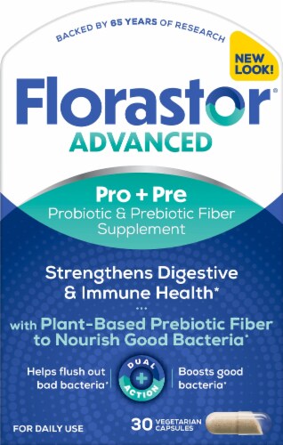 Florastor Advanced Probiotic & Prebiotic Supplement Capsules Perspective: front
