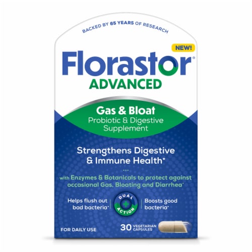 Florastor® Advanced Gas & Bloat Probiotic & Digestive Supplement Capsules Perspective: front