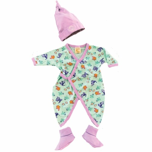 Organic Cotton Sets - Layette 0-6m - Kimono Kitty, Topee Lav, Booties Lav Perspective: front