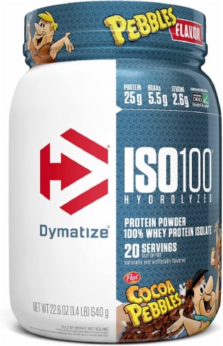 Dymatize® ISO 100® Hydrolyzed Cocoa Pebbles Whey Protein Powder Perspective: front