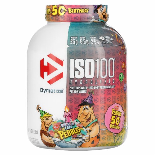 Dymatize® ISO100® Hydrolyzed Birthday Cake Pebbles™ Flavored Whey Protein Isolate Perspective: front