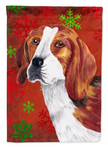 Beagle Red and Green Snowflakes Holiday Christmas Garden Flag Perspective: front