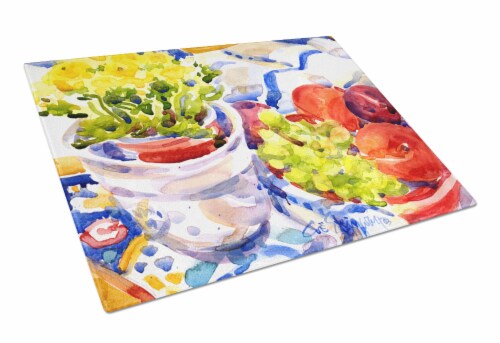 Apples, Plums and Grapes with Flowers Glass Cutting Board Large Perspective: front