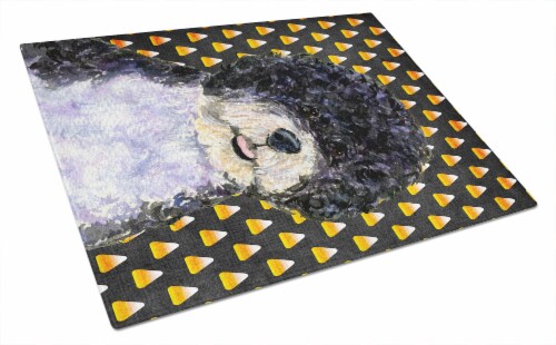 Portuguese Water Dog Candy Corn Halloween Portrait Glass Cutting Board Large Perspective: front