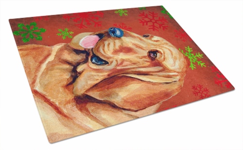 Bloodhound Red and Green Snowflakes Holiday Christmas Glass Cutting Board Large Perspective: front