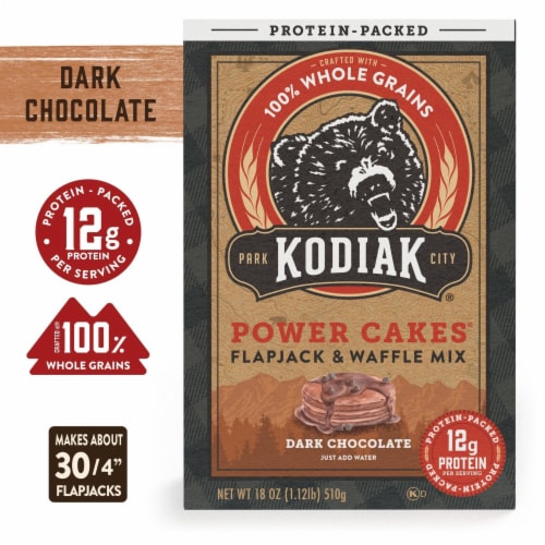 Kodiak® Protein-Packed Dark Chocolate Power Cakes® Pancake and Waffle Mix with 12g Protein Perspective: front