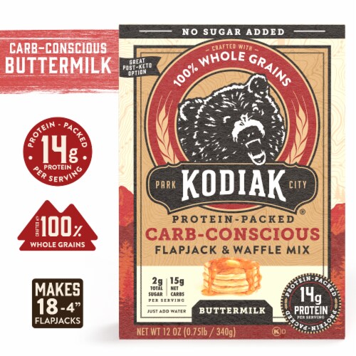 Kodiak Protein-Packed Carb-Conscious Buttermilk Pancake and Waffle Mix with 14g Protein Perspective: front