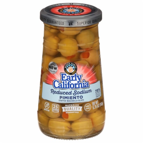 Early California® Reduced Salt Pimento Stuffed Manzanilla Green Olives Perspective: front