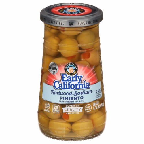 Early California® Reduced Salt Pimento Stuffed Manzanilla Green Olives Perspective: front