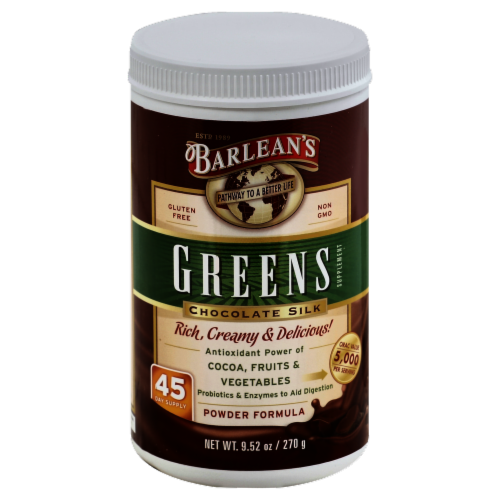 Barlean's Chocolate Silk Greens Powder Formula Perspective: front