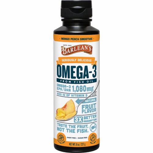 Barlean's Seriously Delicious Mango Peach Smoothie Omega-3 Fish Oil Perspective: front