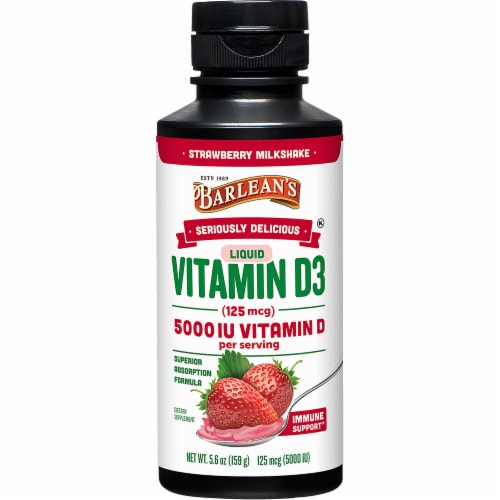 Barlean's Seriously Delicious 5000 IU Liquid Vitamin D3 Strawberry Milkshake Perspective: front