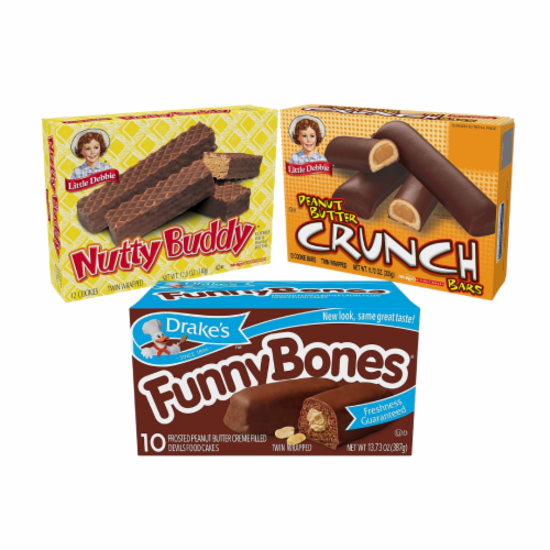 Peanut Butter Favorites - 2 Boxes of Funny Bones, Peanut Butter Crunch Bars, and Nutty Bars Perspective: front