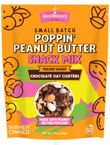 Erin Baker's Small Batch Poppin' Peanut Butter Snack Mix Perspective: front