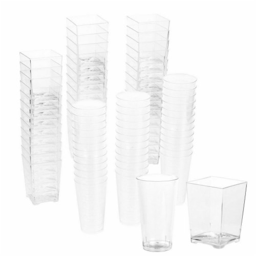 Plastic Shot Glass and Square Dessert Cups for Parties (3 Oz, 5 Oz) Perspective: front